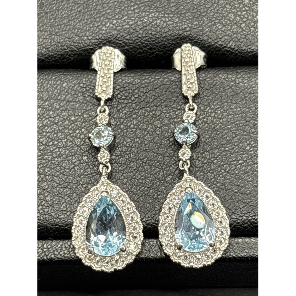 New Condition Sterling Silver Genuine Blue Topaz White Sapphire Earrings H25